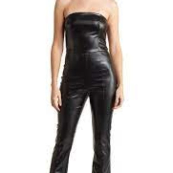bebe WOMENS Split Hem Strapless Vegan Leather Jumpsuit Sz. S *NWT - Picture 2 of 7